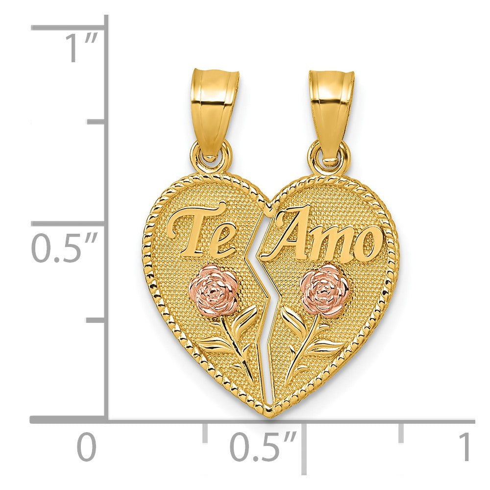 14K Bicolor Break Apart Herz mit Te Amo und Roses Anhänger