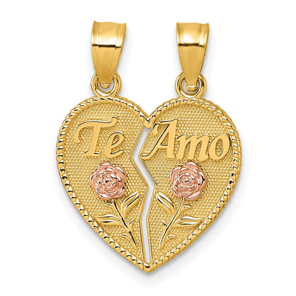 14K Bicolor Break Apart Herz mit Te Amo und Roses Anhänger