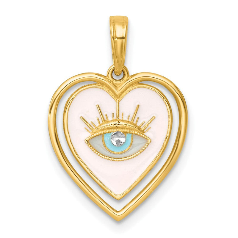 14K Gelb & Rhodium mit Weiß Rhodium Poliert Mehrfarbig Emaille Auge in Herz Charm