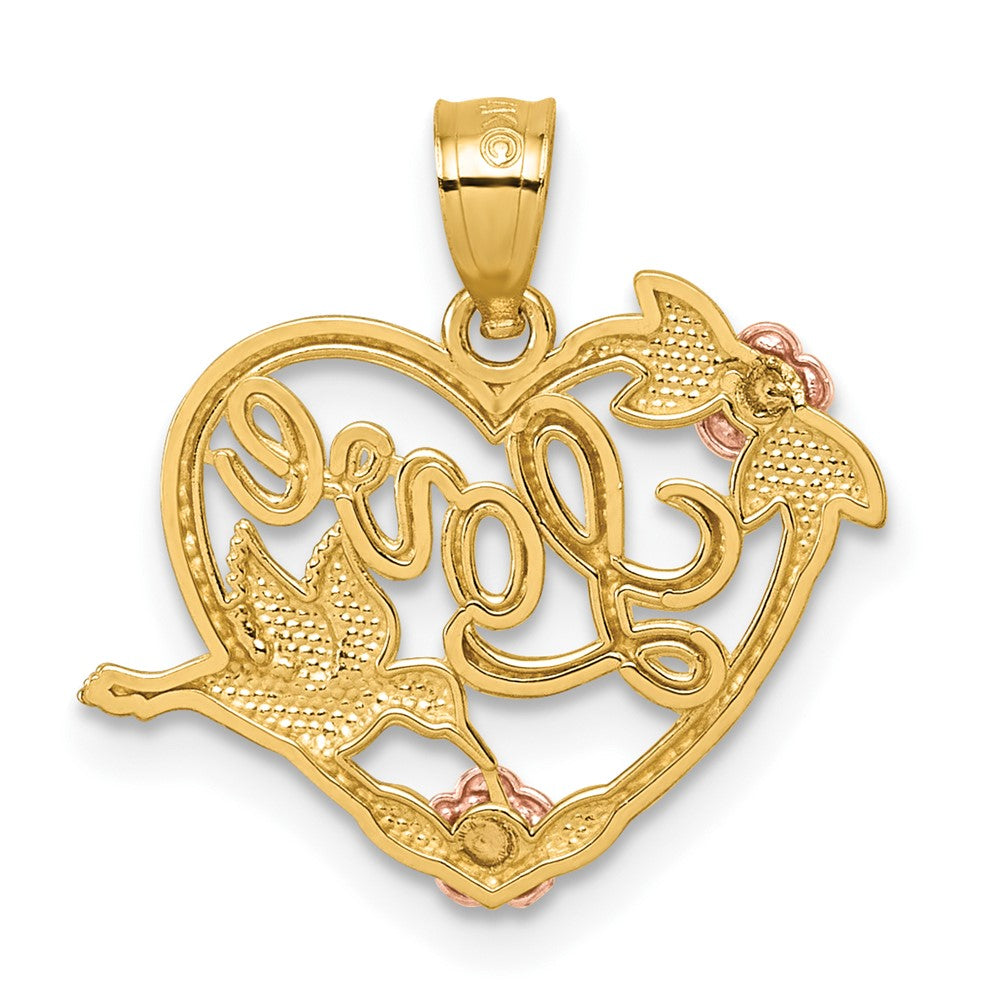 14K Bicolor & Weiß Rhodium Poliert Liebe Blumen und Vogel Herz Anhänger