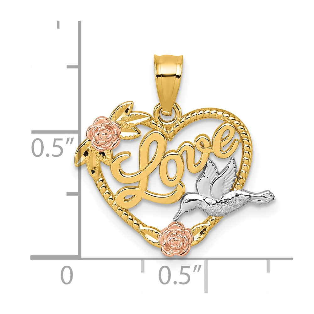 14K Bicolor & Weiß Rhodium Poliert Liebe Blumen und Vogel Herz Anhänger