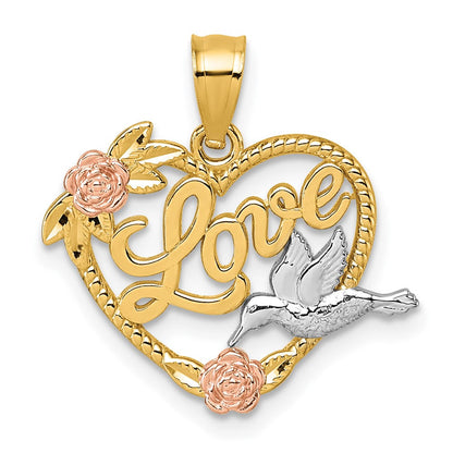 14K Bicolor & Weiß Rhodium Poliert Liebe Blumen und Vogel Herz Anhänger