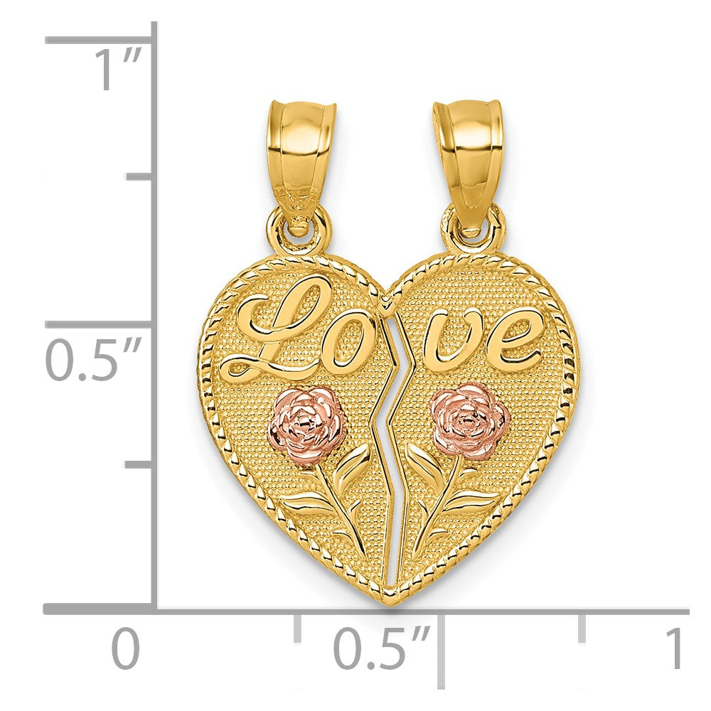 14K Bicolor Break Apart Herz mit Liebe und Roses Anhänger