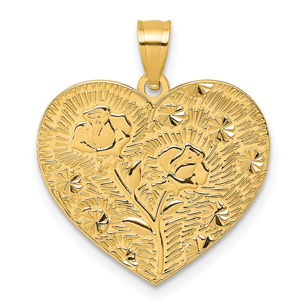 14K Gelbgold Poliert und Strukturiert Blume Rose Mutter Liebe Herz Anhänger