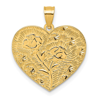 14K Gelbgold Poliert und Strukturiert Blume Rose Mutter Liebe Herz Anhänger