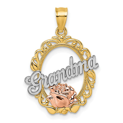 14K Gelbgold Bicolor & Weiß Rhodium Poliert Oma Rose Oval Anhänger