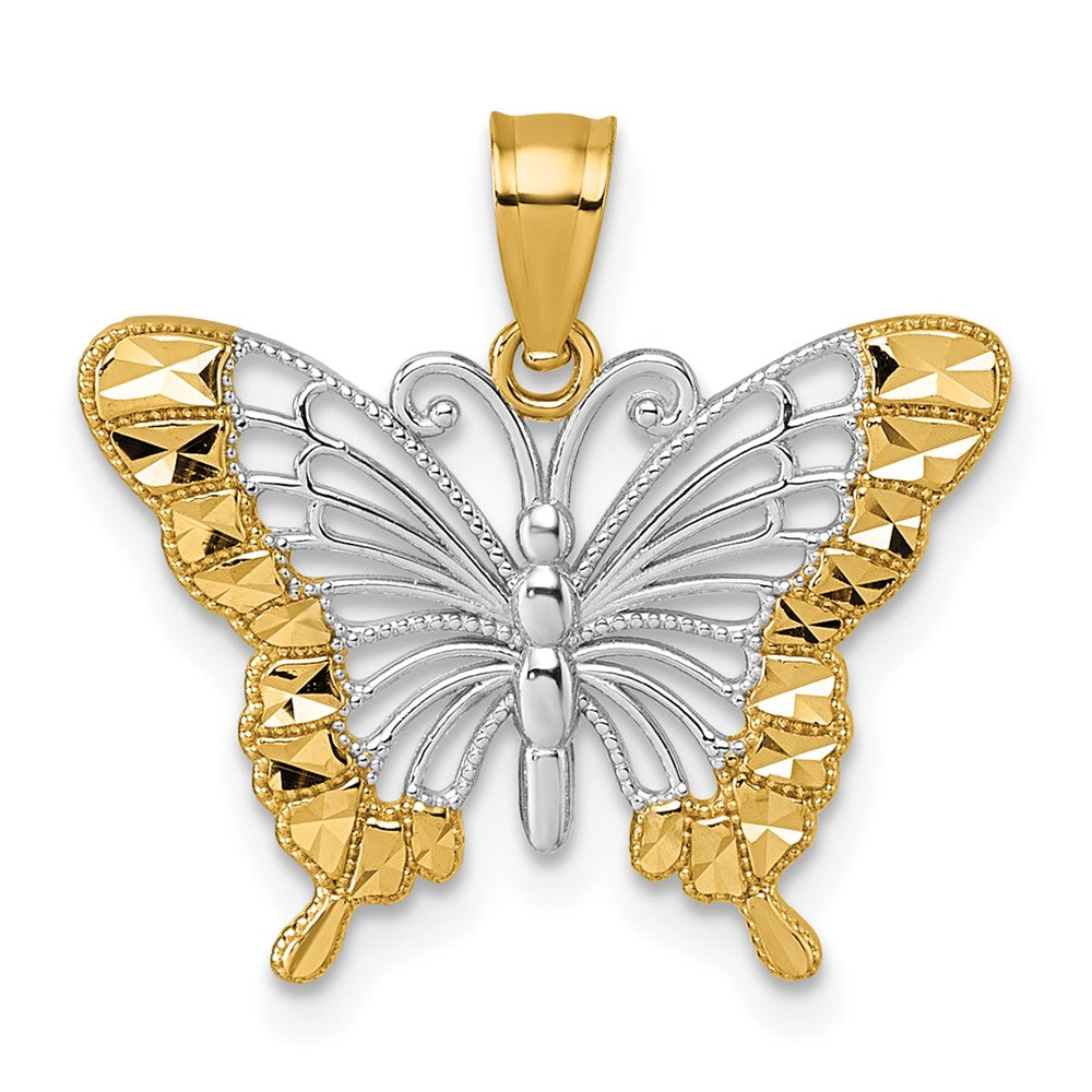 14K Gelb & Rhodium & Rhodium Diamantiert Poliert Schmetterling Anhänger