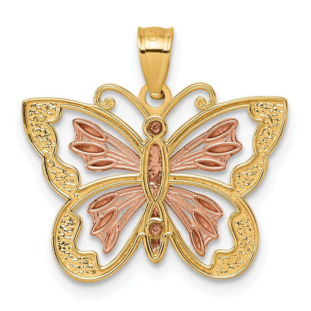14K Bicolor mit Weiß Rhodium Diamantiert Poliert Schmetterling Anhänger