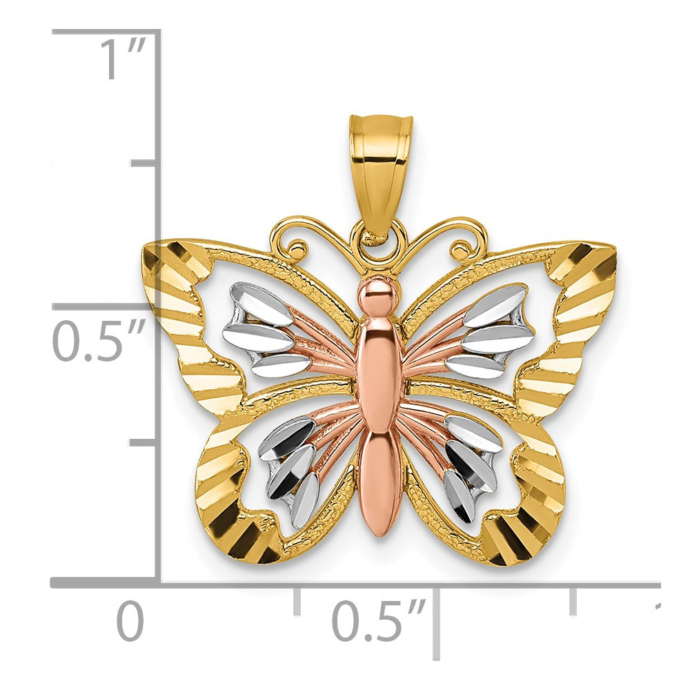 14K Bicolor mit Weiß Rhodium Diamantiert Poliert Schmetterling Anhänger