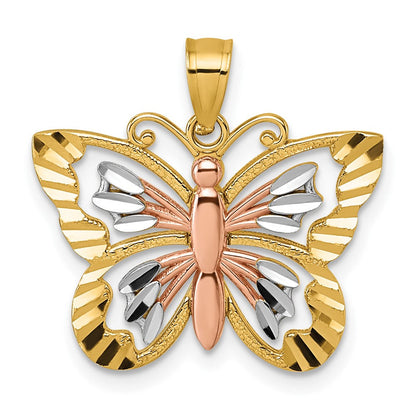 14K Bicolor mit Weiß Rhodium Diamantiert Poliert Schmetterling Anhänger