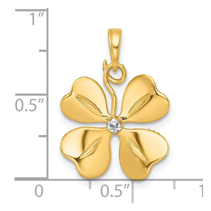 14K Gelb & Rhodium mit Weiß Rhodium Poliert 4 Blatt Klee Charm