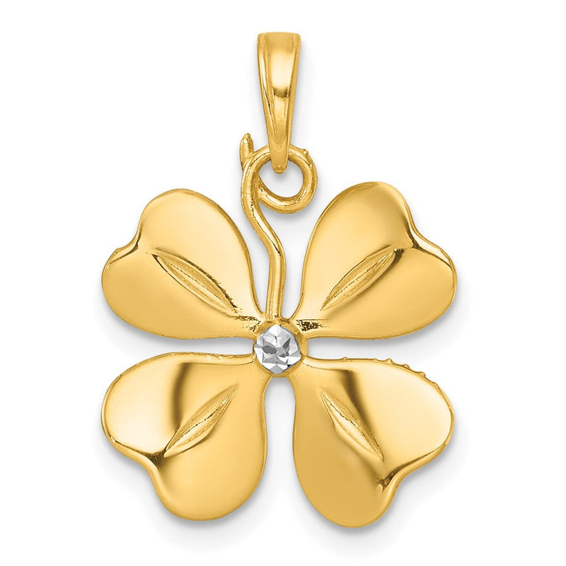 14K Gelb & Rhodium mit Weiß Rhodium Poliert 4 Blatt Klee Charm
