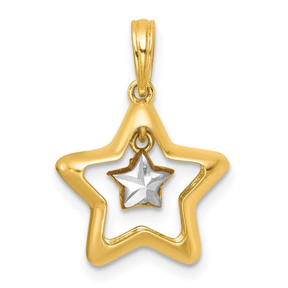 14K Gelb & Rhodium mit Weiß Rhodium Poliert Stern in Stern Hängend Charm