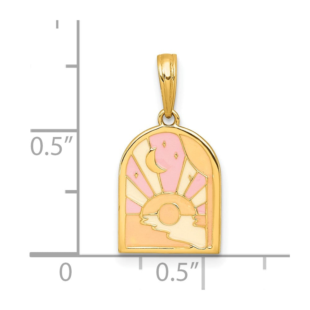 14K Gelbgold Poliert Mehrfarbig Emaille Sunset und Mond Charm