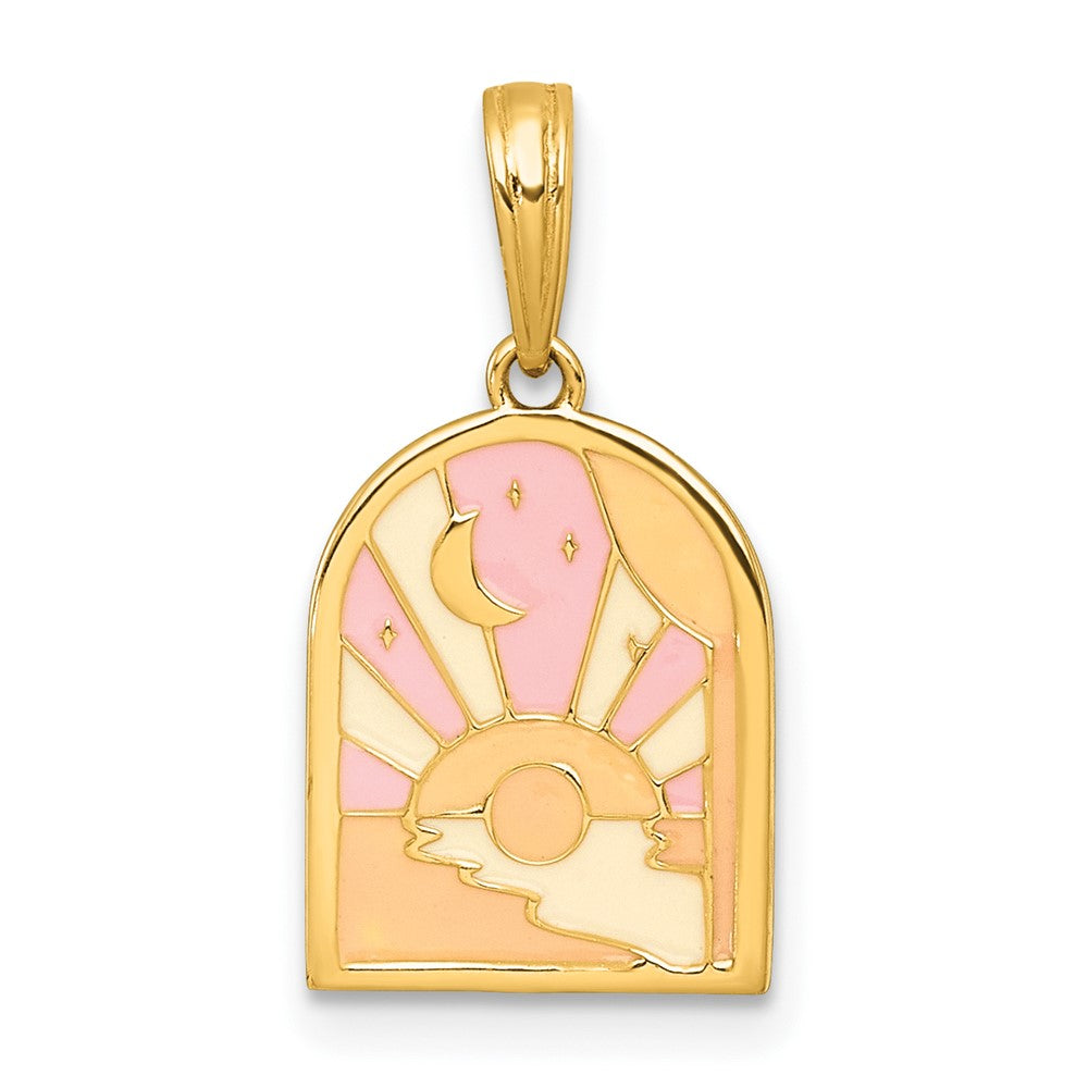 14K Gelbgold Poliert Mehrfarbig Emaille Sunset und Mond Charm