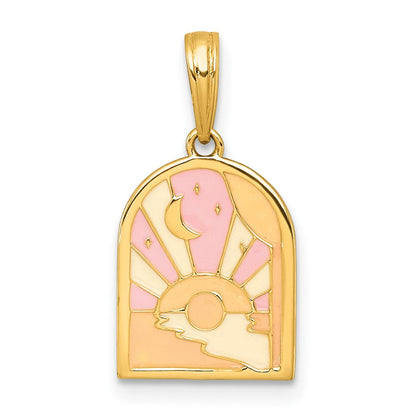 14K Gelbgold Poliert Mehrfarbig Emaille Sunset und Mond Charm