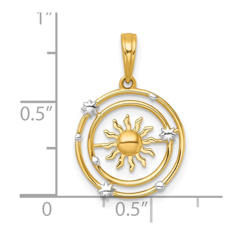 14K Gelb & Rhodium mit Weiß Rhodium Poliert Sonne mit Solar System Orbit Charm