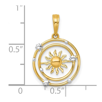 14K Gelb & Rhodium mit Weiß Rhodium Poliert Sonne mit Solar System Orbit Charm