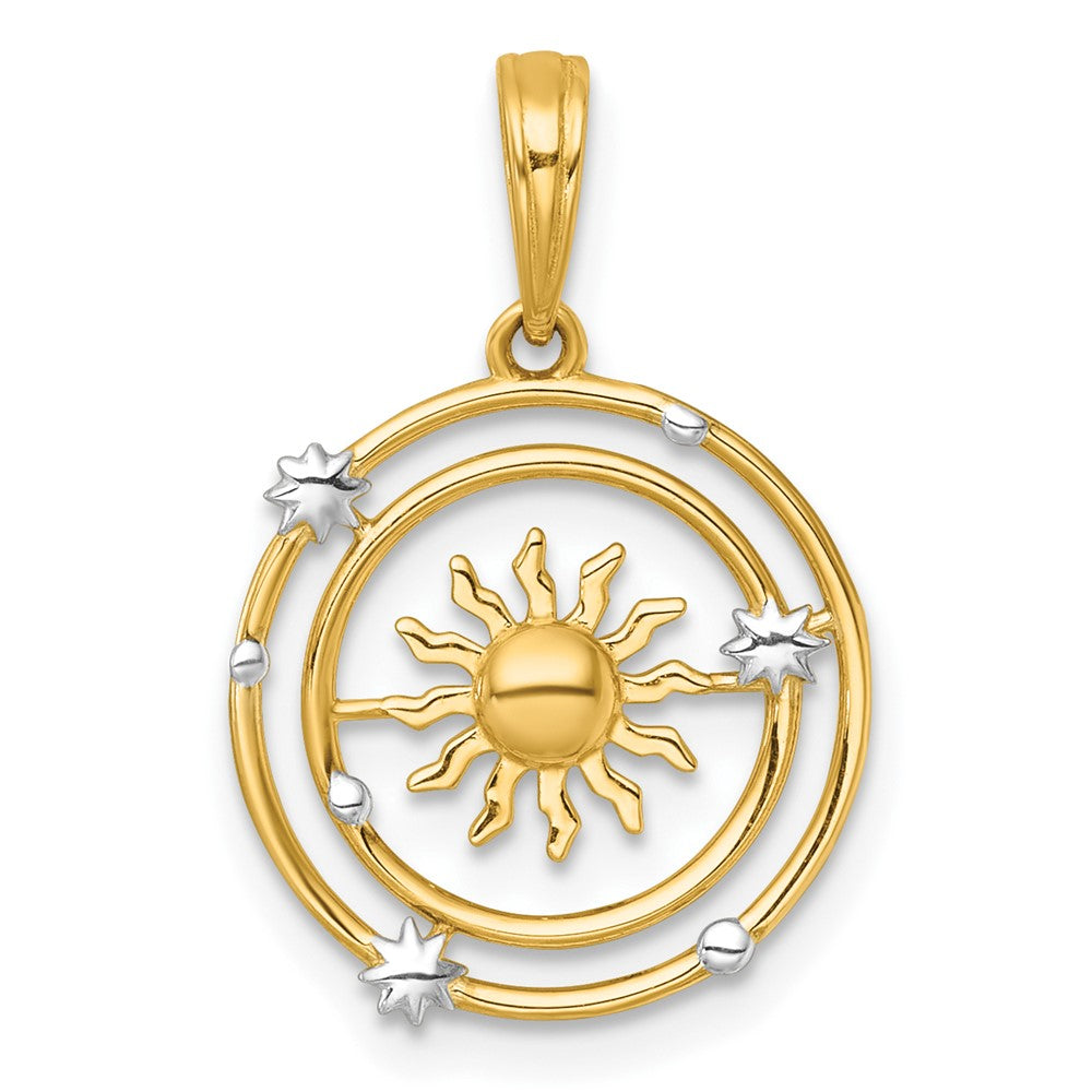 14K Gelb & Rhodium mit Weiß Rhodium Poliert Sonne mit Solar System Orbit Charm