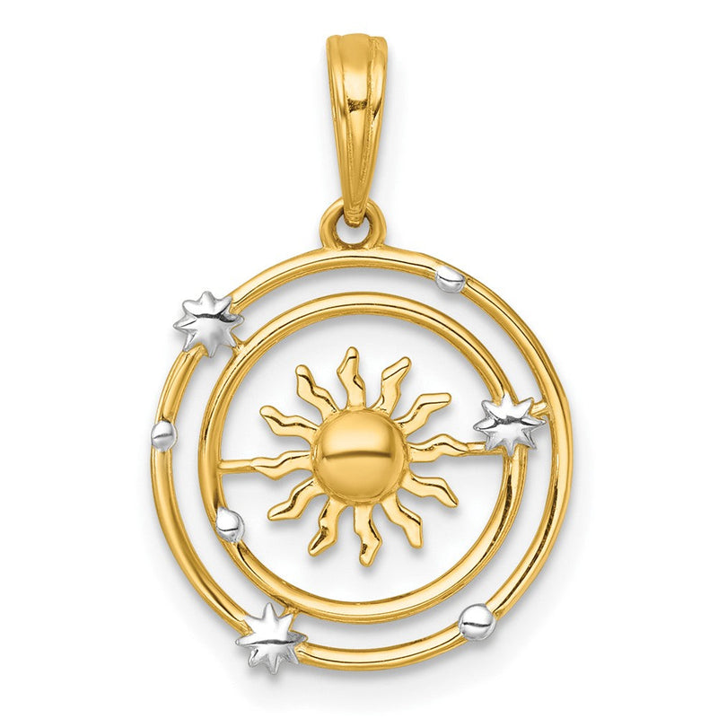 14K Gelb & Rhodium mit Weiß Rhodium Poliert Sonne mit Solar System Orbit Charm