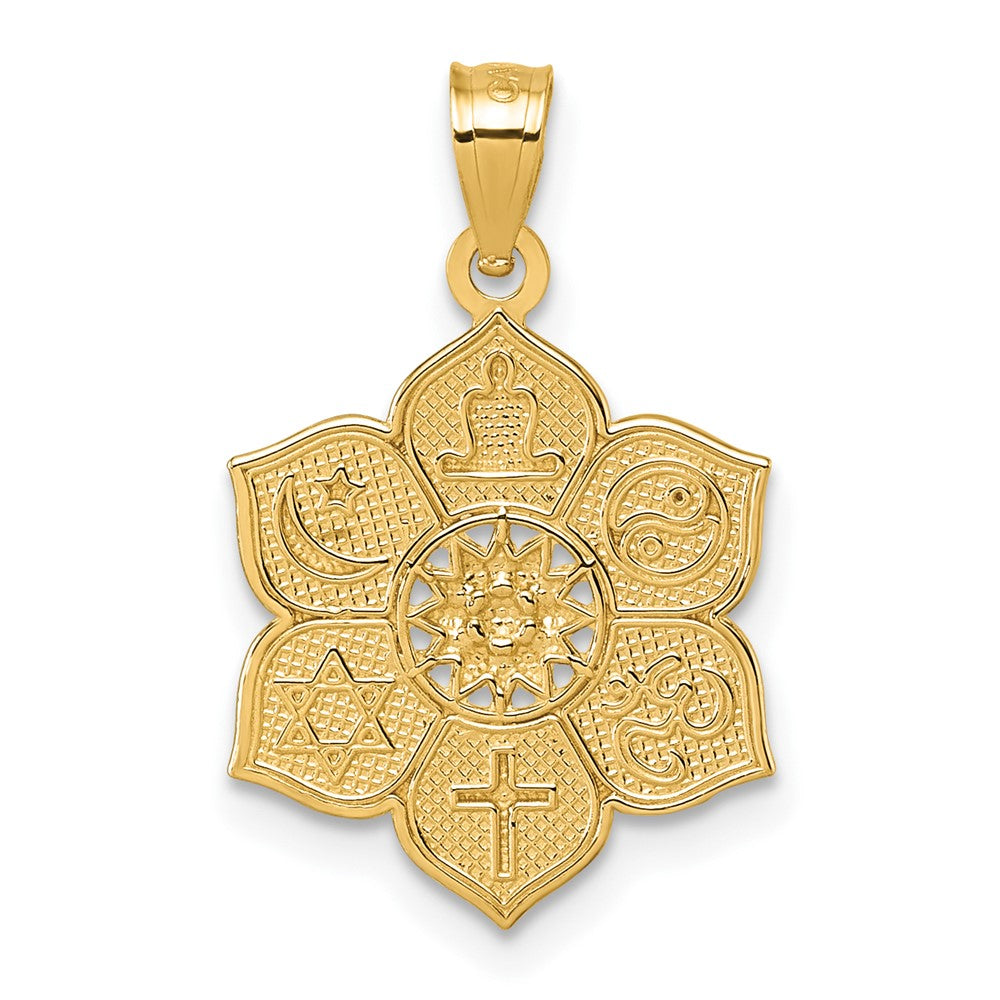 14K Gelbgold Poliert und Strukturiert Multi-faith Symbol Blume Anhänger