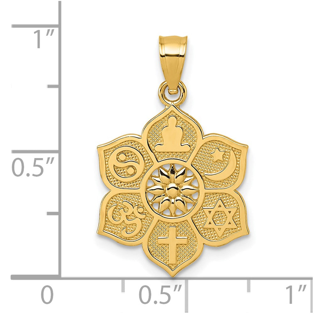 14K Gelbgold Poliert und Strukturiert Multi-faith Symbol Blume Anhänger