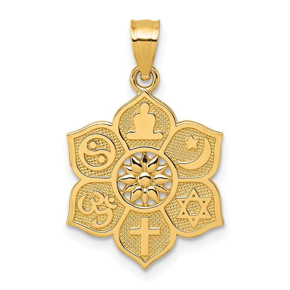 14K Gelbgold Poliert und Strukturiert Multi-faith Symbol Blume Anhänger