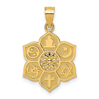 14K Gelbgold Poliert und Strukturiert Multi-faith Symbol Blume Anhänger