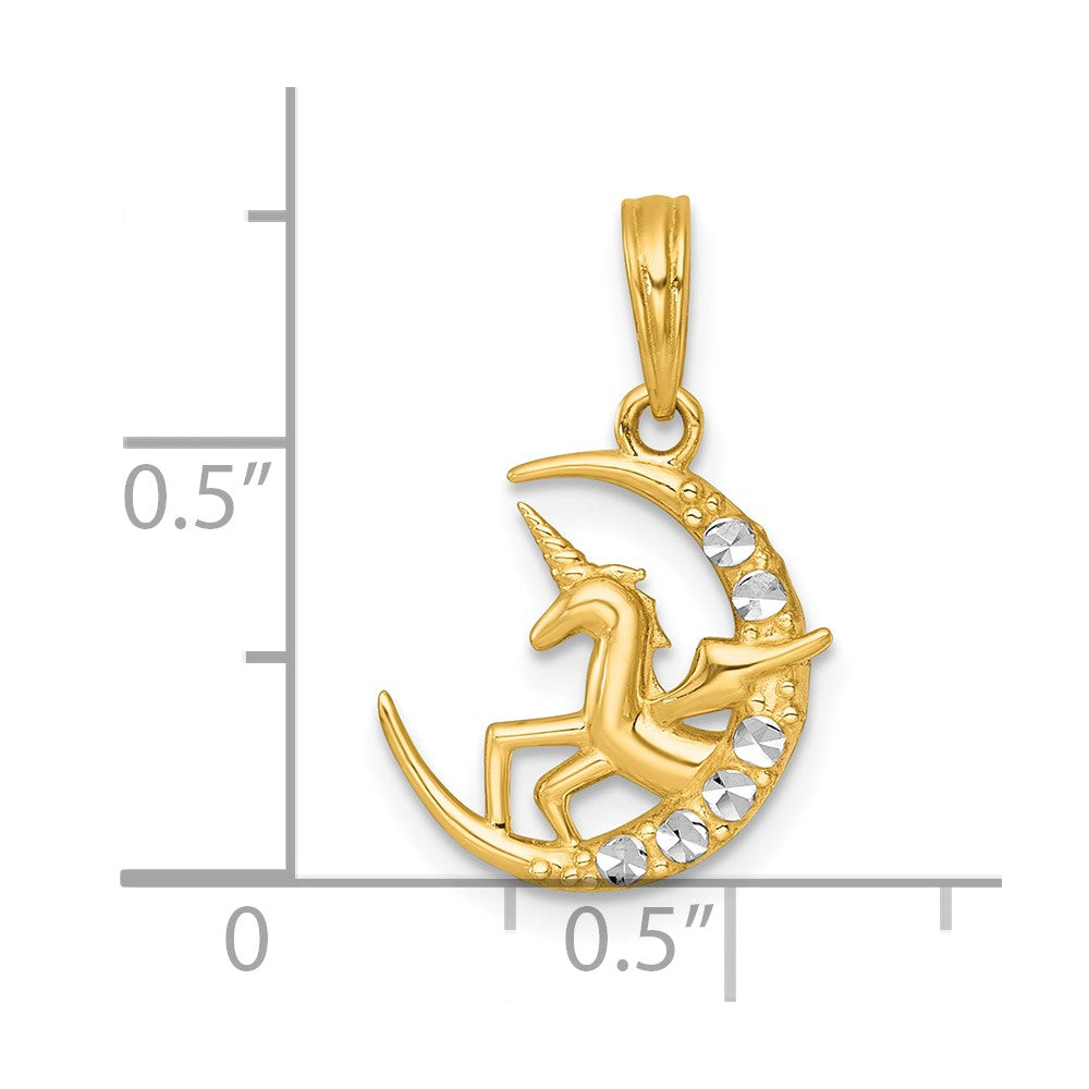 14K Gelb & Rhodium mit Weiß Rhodium Poliert Einhorn in Mond Charm