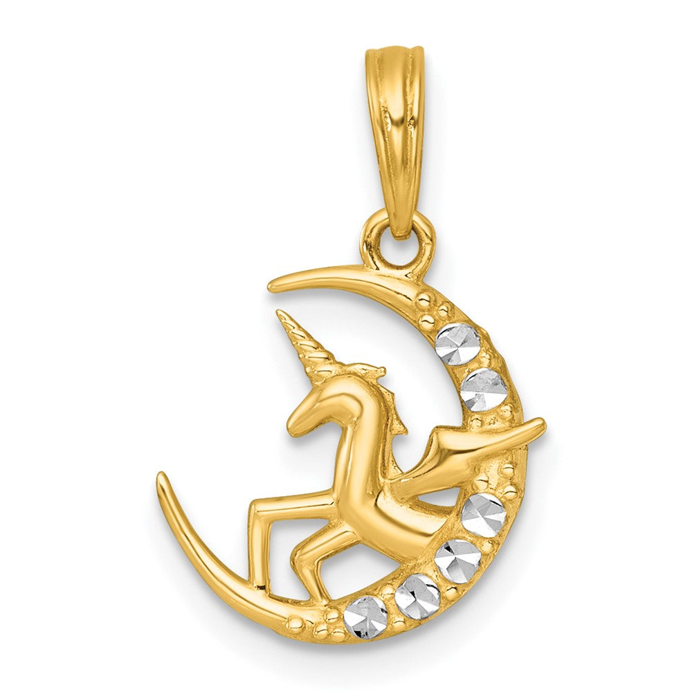 14K Gelb & Rhodium mit Weiß Rhodium Poliert Einhorn in Mond Charm