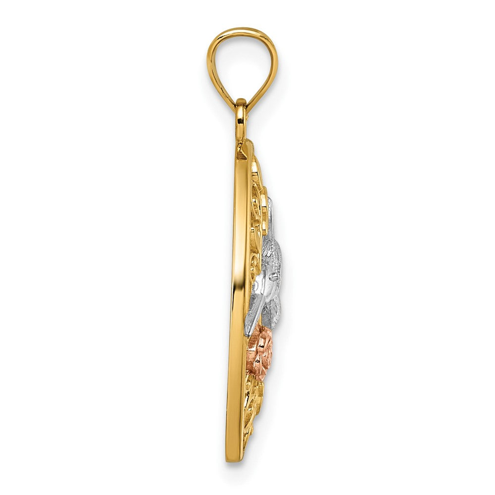 14K Bicolor mit Weiß Rhodium Poliert Humming Vogel & Blume Anhänger