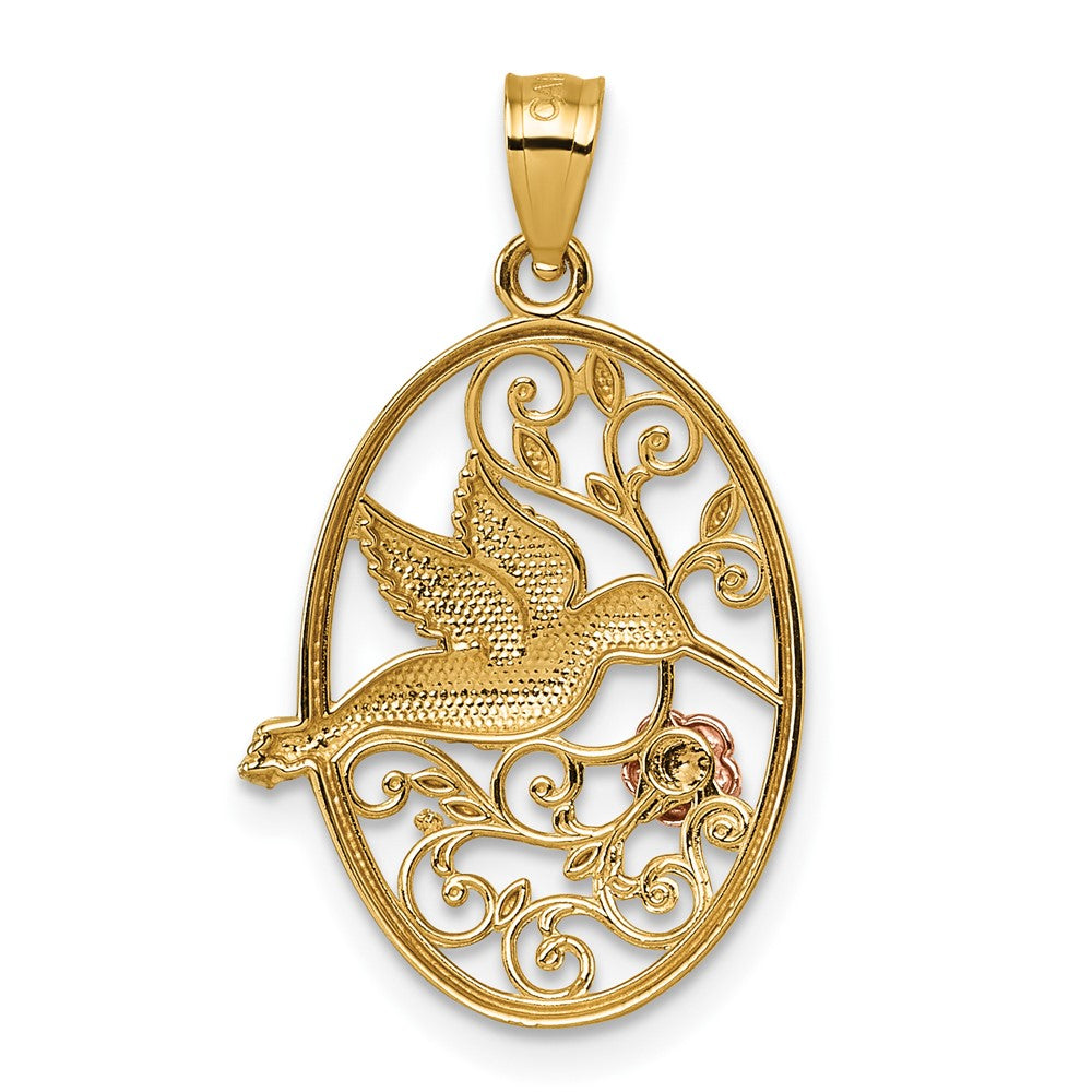 14K Bicolor mit Weiß Rhodium Poliert Humming Vogel & Blume Anhänger