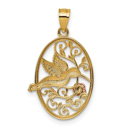 14K Bicolor mit Weiß Rhodium Poliert Humming Vogel & Blume Anhänger