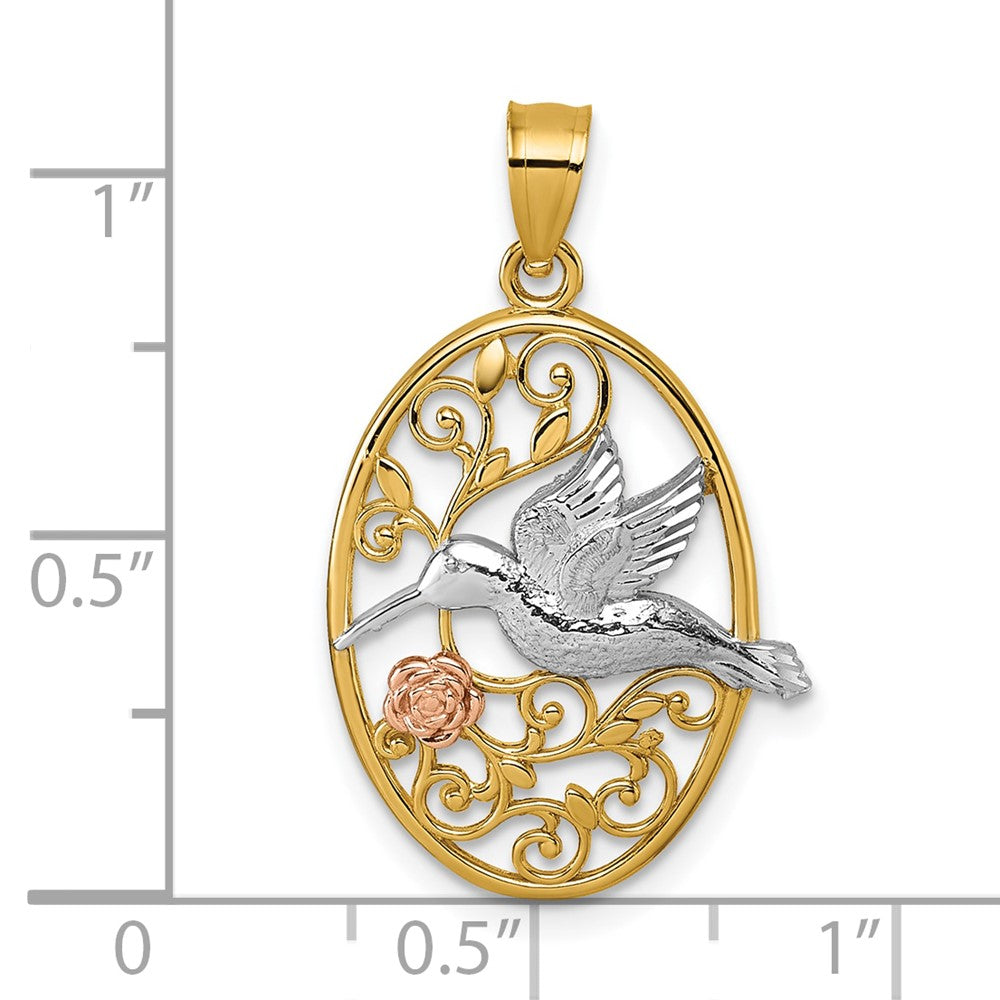 14K Bicolor mit Weiß Rhodium Poliert Humming Vogel & Blume Anhänger