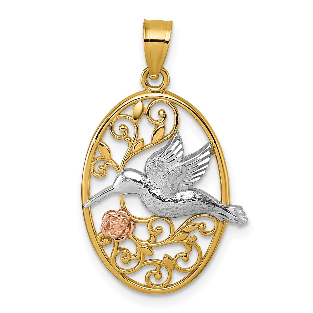 14K Bicolor mit Weiß Rhodium Poliert Humming Vogel & Blume Anhänger
