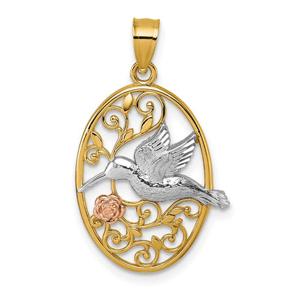 14K Bicolor mit Weiß Rhodium Poliert Humming Vogel & Blume Anhänger