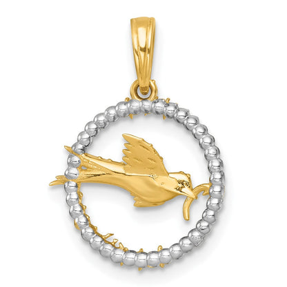 14K Gelb & Rhodium mit Weiß Rhodium Poliert Flying Vogel in Kreis mit Sterne Charm