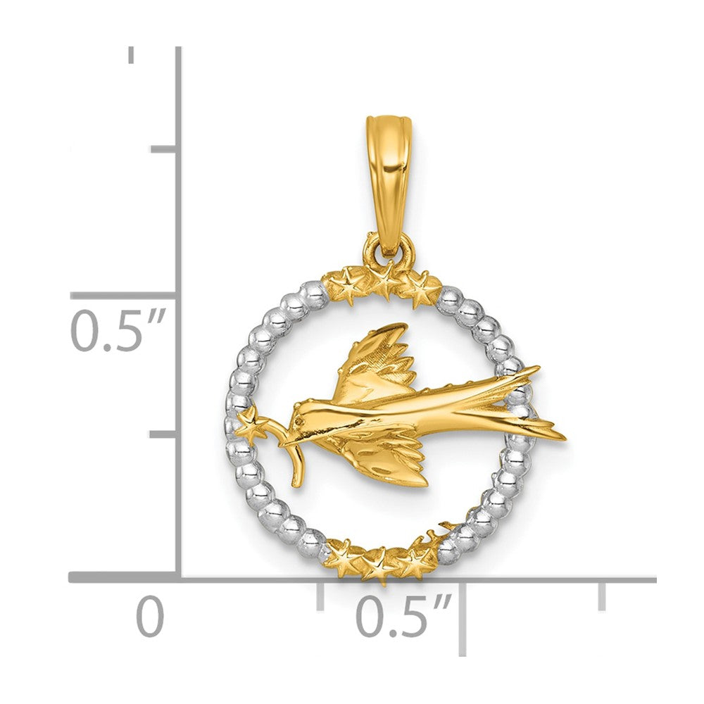 14K Gelb & Rhodium mit Weiß Rhodium Poliert Flying Vogel in Kreis mit Sterne Charm