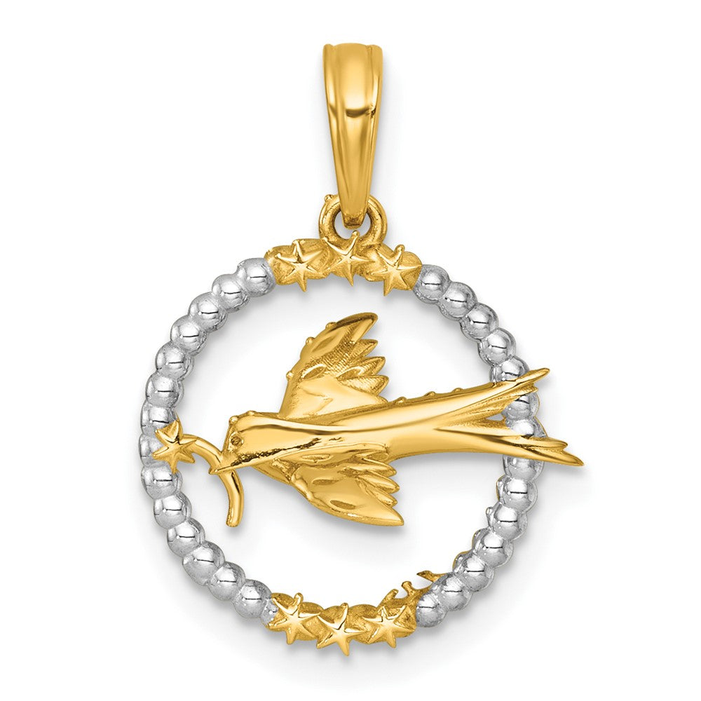 14K Gelb & Rhodium mit Weiß Rhodium Poliert Flying Vogel in Kreis mit Sterne Charm
