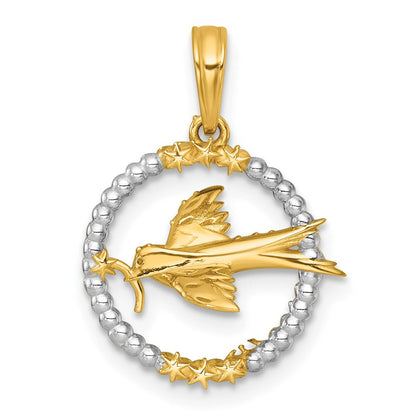 14K Gelb & Rhodium mit Weiß Rhodium Poliert Flying Vogel in Kreis mit Sterne Charm