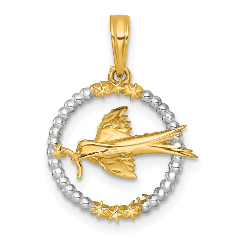 14K Gelb & Rhodium mit Weiß Rhodium Poliert Flying Vogel in Kreis mit Sterne Charm