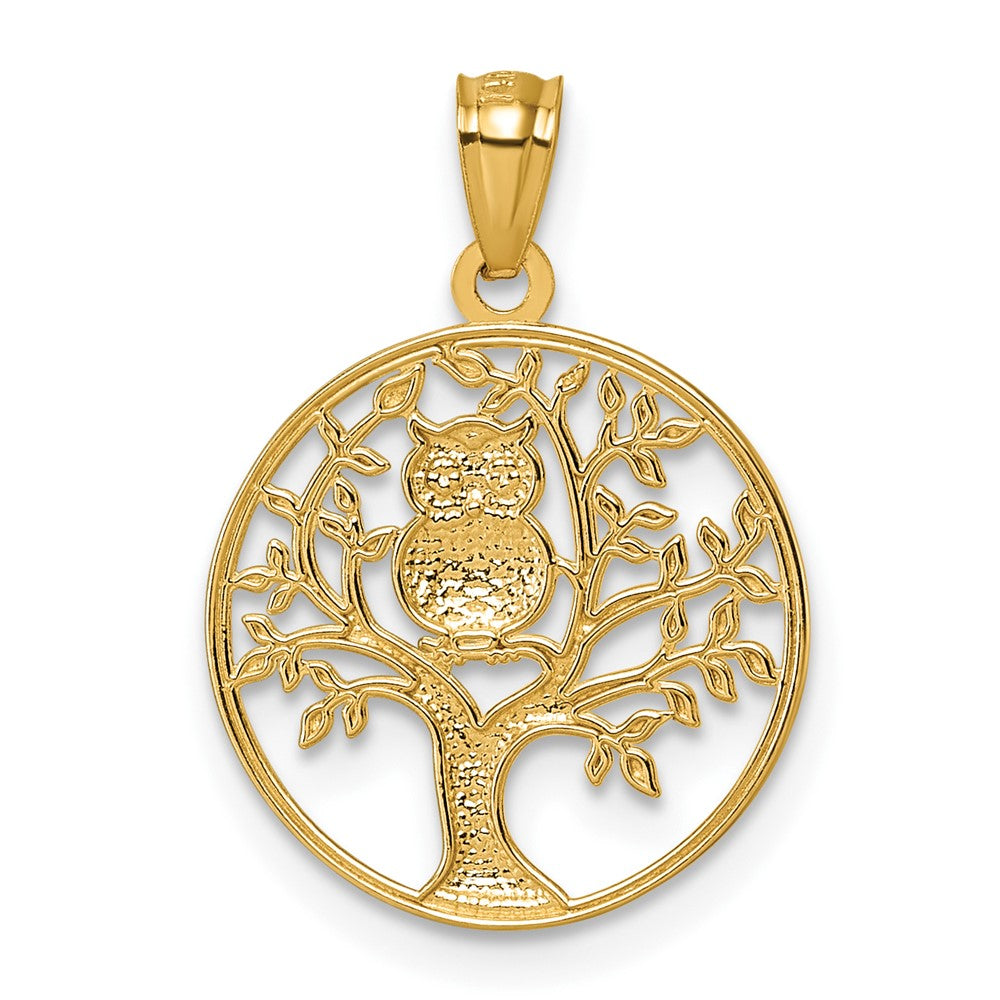 14K Gelb & Rhodium und Rhodium Strukturiert Eule Sitting in Baum in Kreis Anhänger
