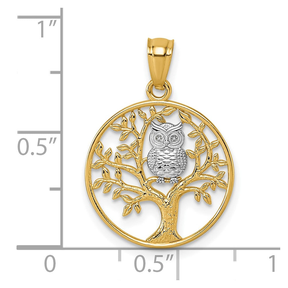 14K Gelb & Rhodium und Rhodium Strukturiert Eule Sitting in Baum in Kreis Anhänger