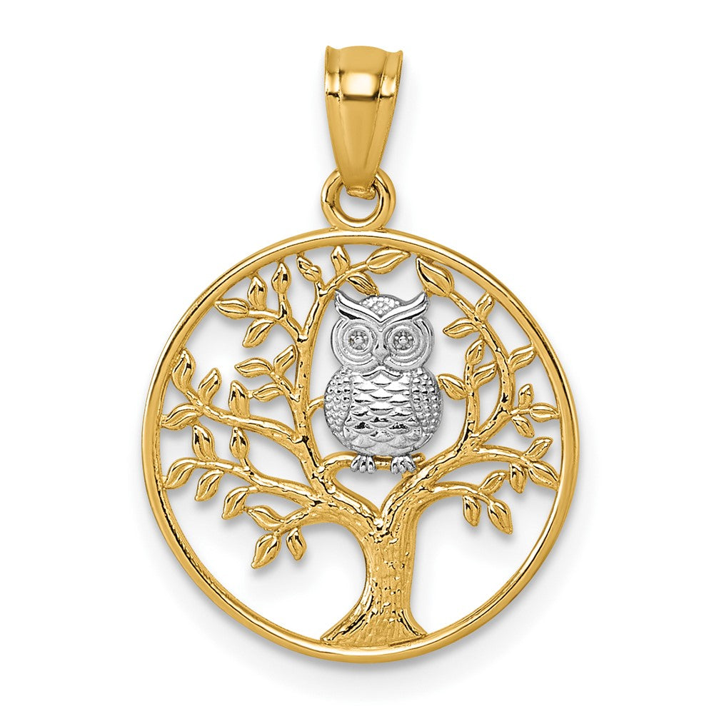 14K Gelb & Rhodium und Rhodium Strukturiert Eule Sitting in Baum in Kreis Anhänger