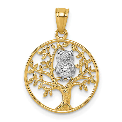 14K Gelb & Rhodium und Rhodium Strukturiert Eule Sitting in Baum in Kreis Anhänger