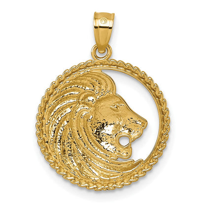 14K Gelbgold Poliert Löwe mit Mane Kreis Anhänger