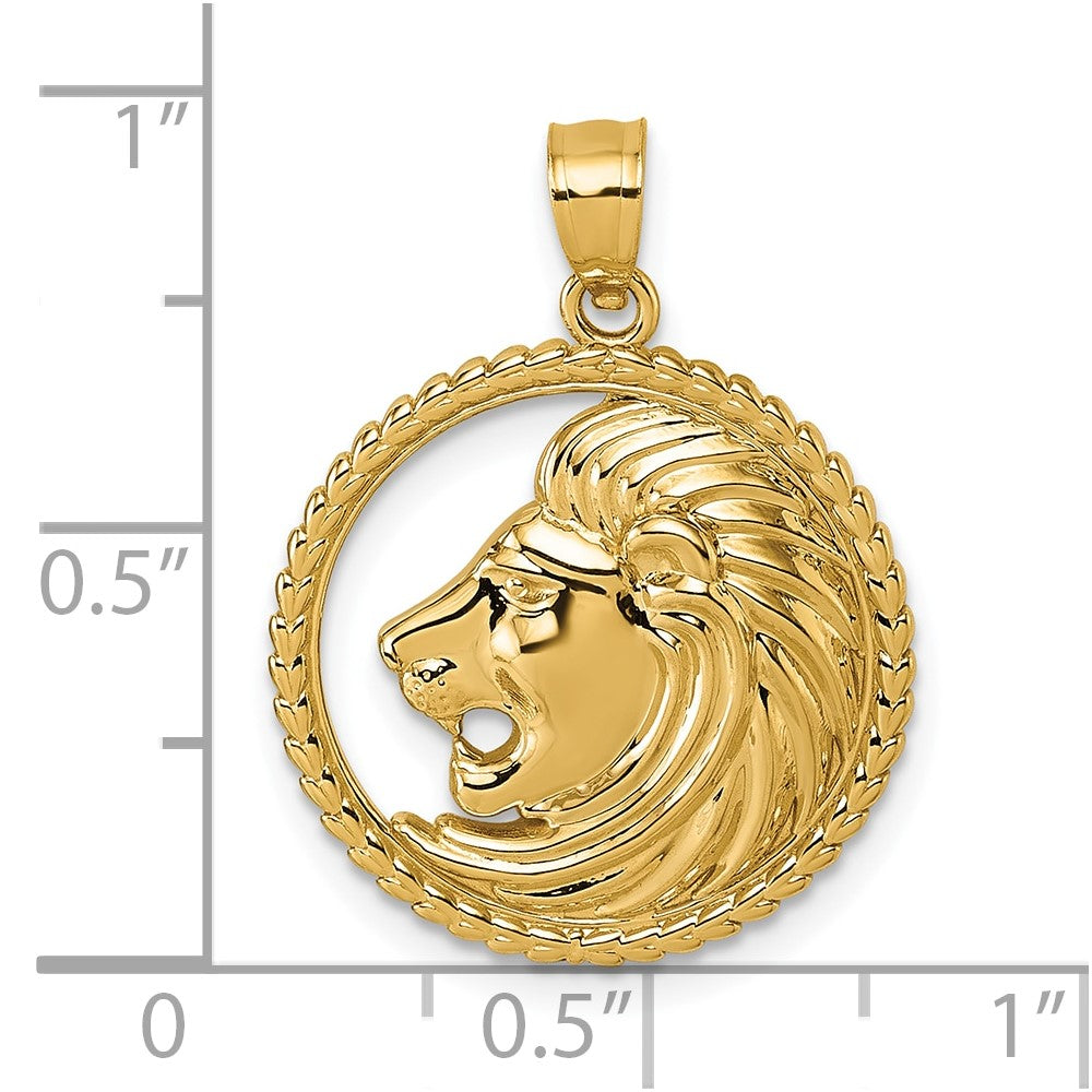 14K Gelbgold Poliert Löwe mit Mane Kreis Anhänger