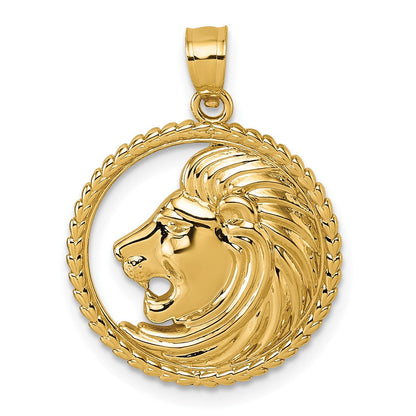 14K Gelbgold Poliert Löwe mit Mane Kreis Anhänger