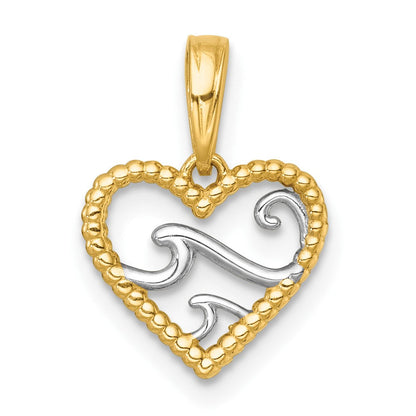 14K Gelb & Rhodium mit Weiß Rhodium Poliert Waves in Herz Charm