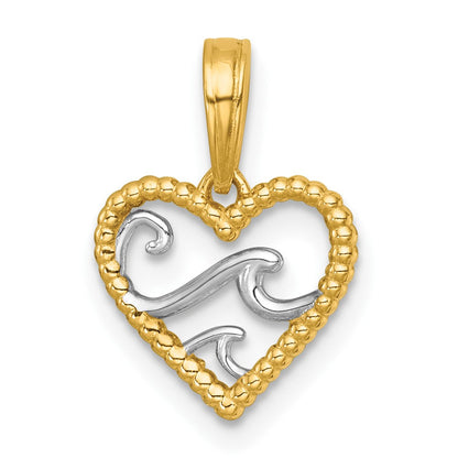 14K Gelb & Rhodium mit Weiß Rhodium Poliert Waves in Herz Charm